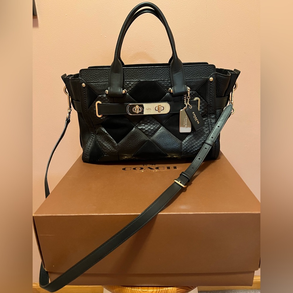 Coach Patchwork Pebble Leather Swagger Handbag Satchel Black